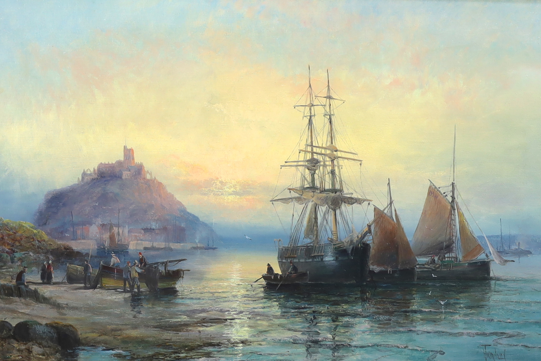 Hubert Thornley (William Anslow Thornley) (fl.1859-1898), Shipping at anchor, Mont St. Michel in the distance, oil on canvas, 40 x 60cm